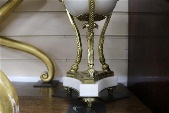 A pair of Louis XVI style white marble and gilt metal cassolettes, height 44.5cm
